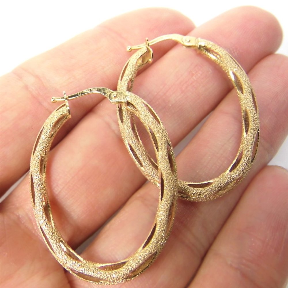 10K yellow GOLD Oval HOOP Cut out Earrings 1.25"